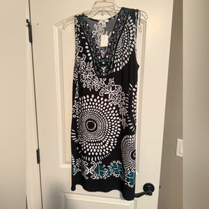 Cato Black & White Embellished V-Neck Tunic with Blue Beading